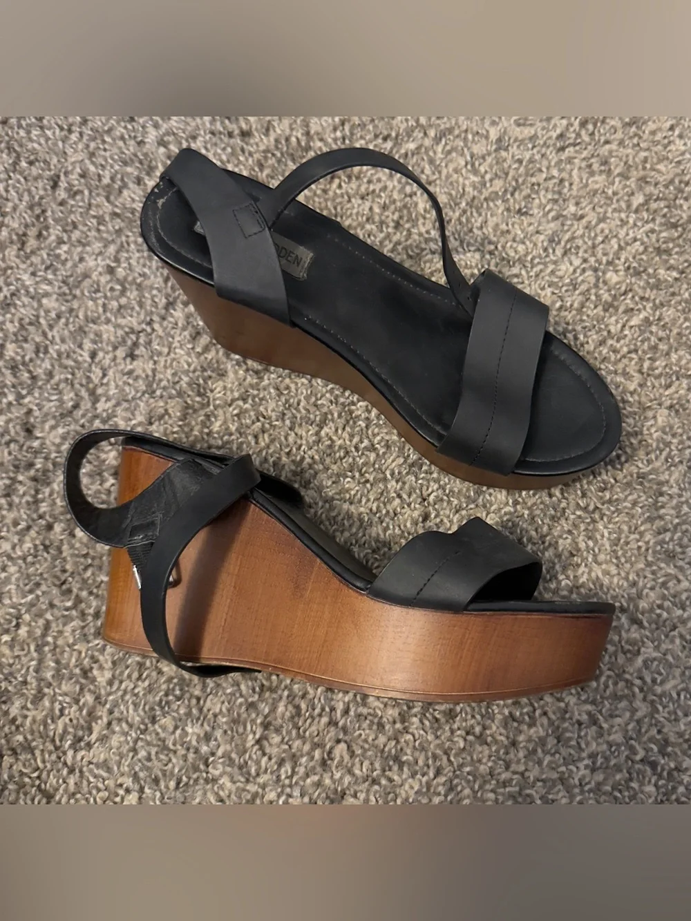 Steve Madden Black Leather Platform Wedge Sandals with Wood-Look Sole